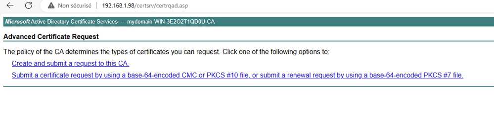 Submit a certificate request in Base 64 format