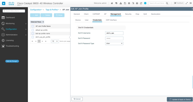 Credentials section of the AP join profile