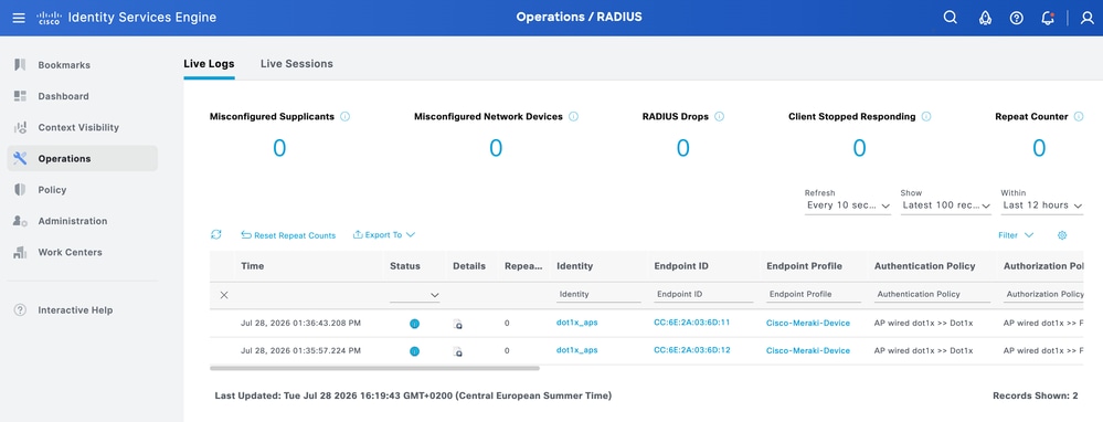 Live logs from ISE showing the AP authentication