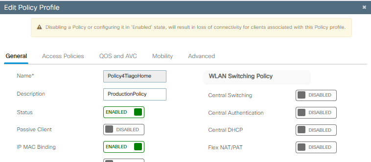 WLAN Policy profile configuration
