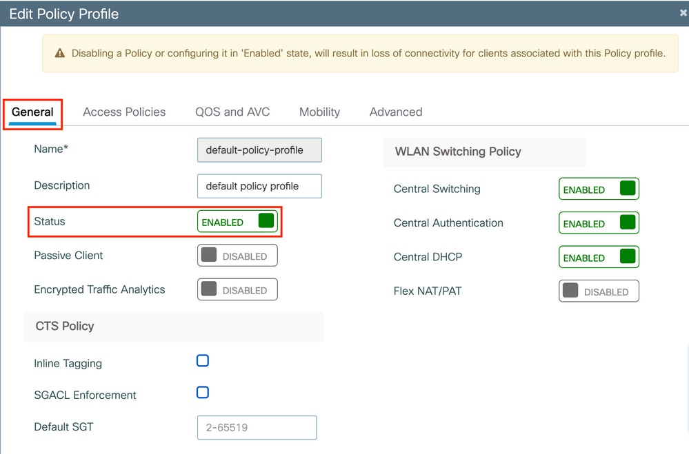 Enable WLC policy profile