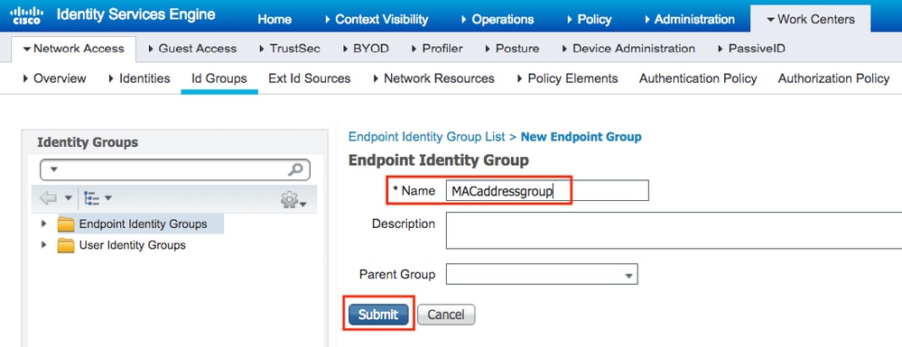 New Endpoint Identity Group op ISE