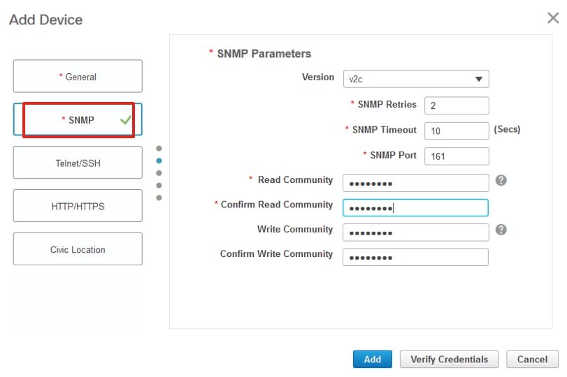 Add Devices - SNMP Settings