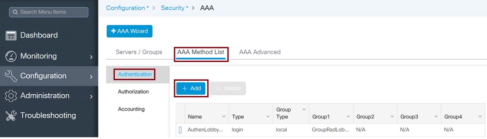 AAA method list configuration on the WLC