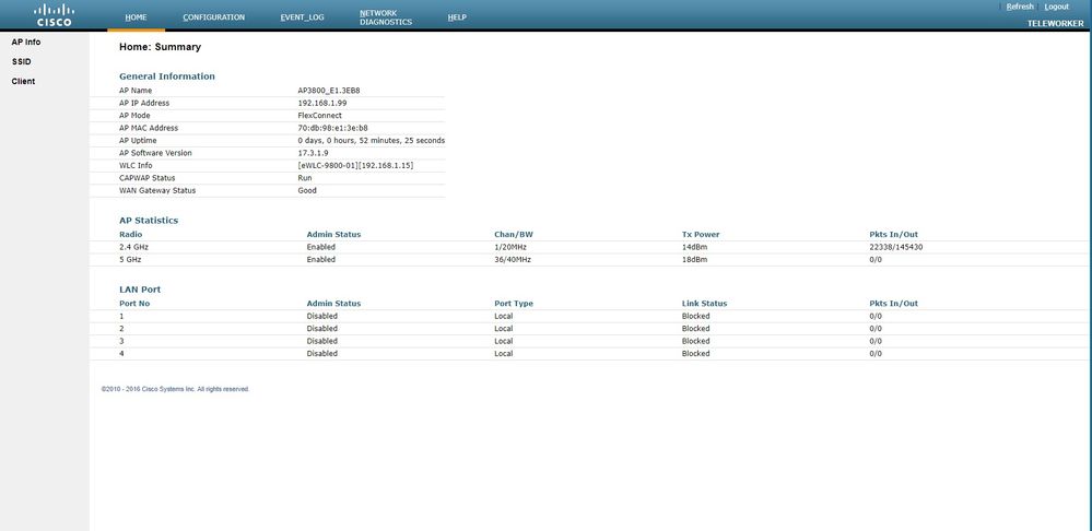 Verify OEAP configuration -Home Office AP web UI dashboard