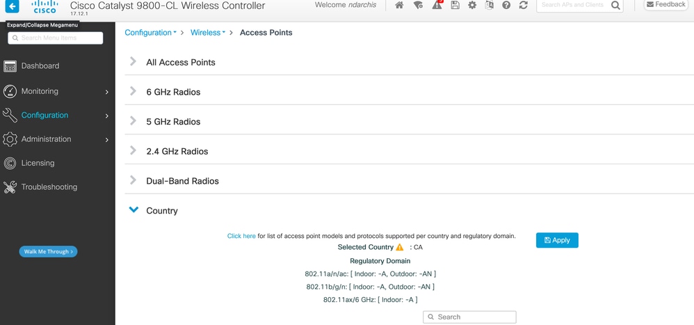 Hier staat de Canada Country Code -A Domain op de WLC in.