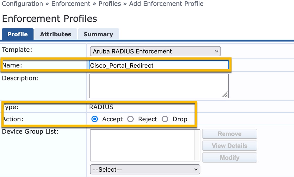 ClearPass Redirect Enforcement Profile