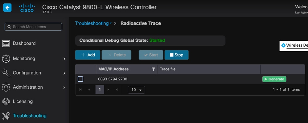 Device added to the radioactive trace list with conditional debug enabled.