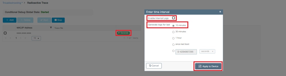 Genera log per gli ultimi 10 minuti