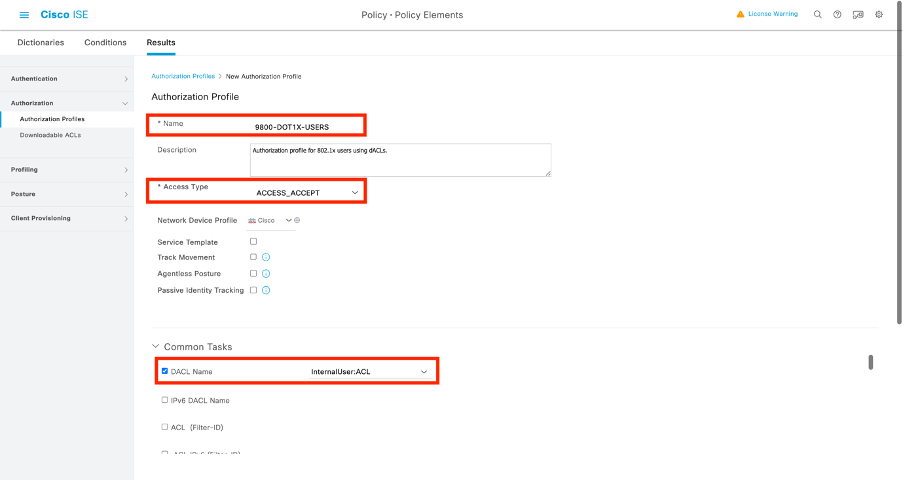 Create a dot1x authorization profile
