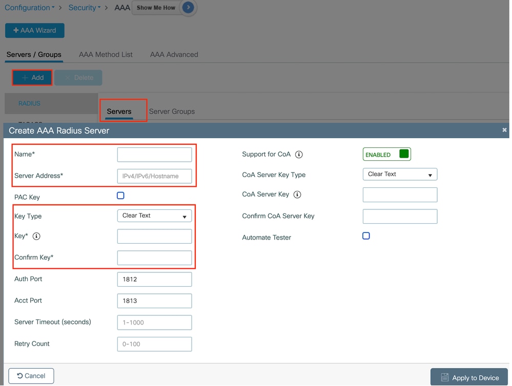 Radius server configuration
