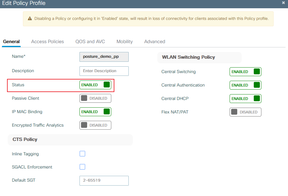 9800 Create Policy Profile General