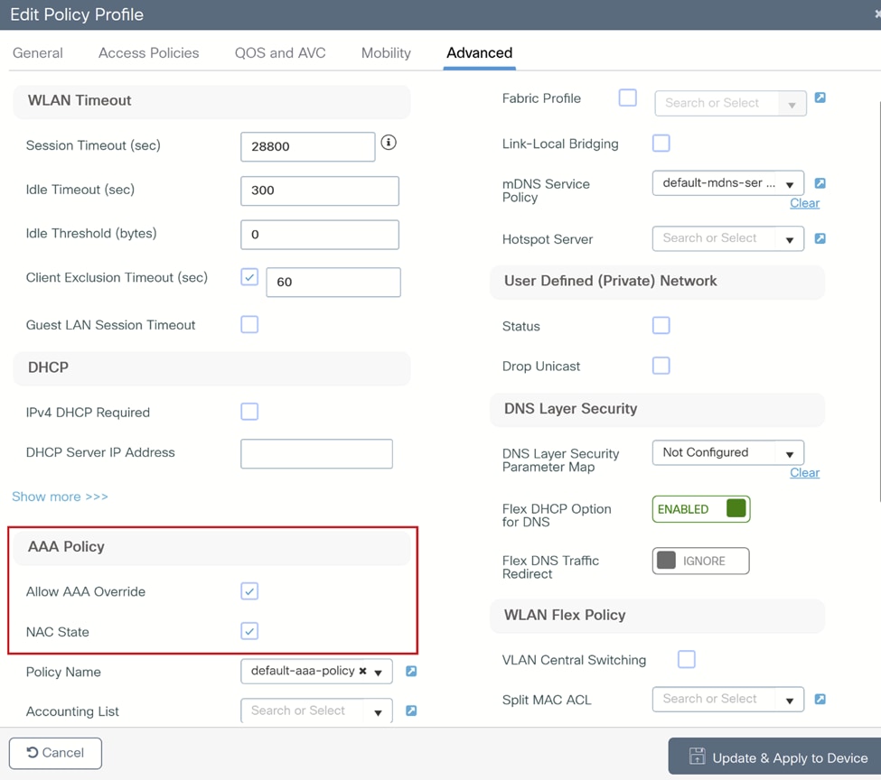 WLC Policy Profile Advanced Tab