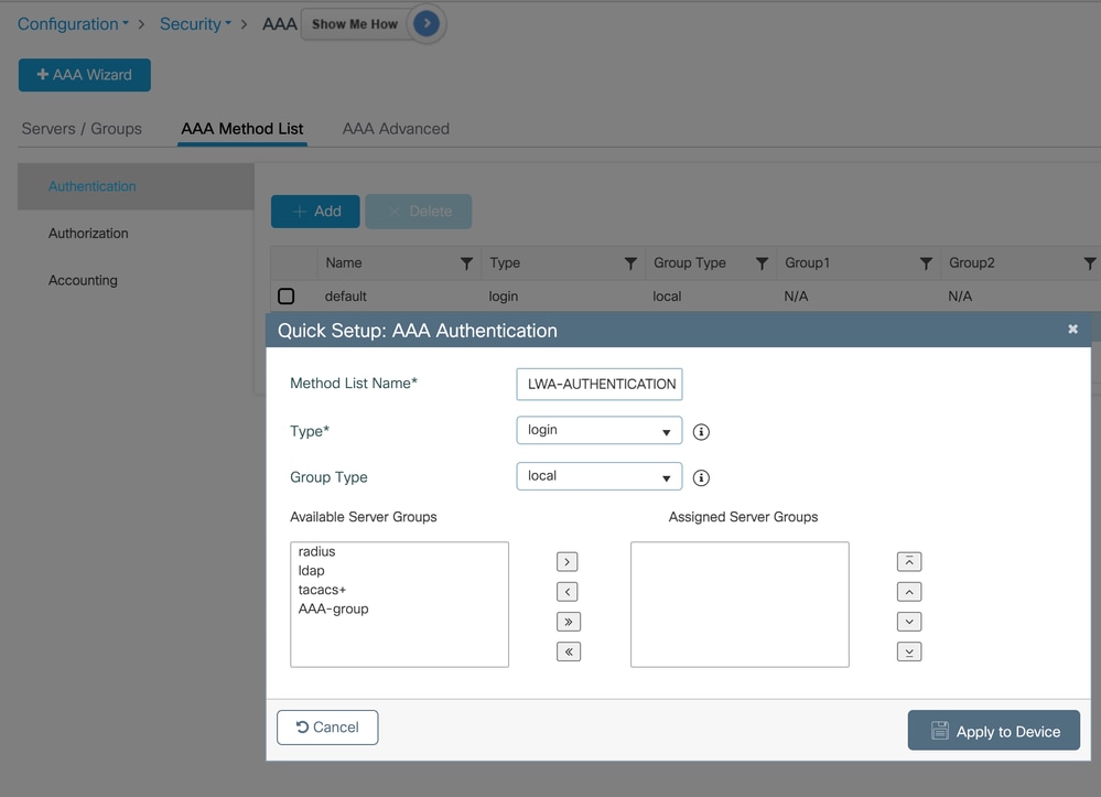 Authentication Method List Creation