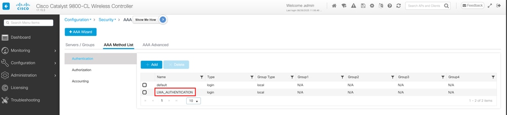 Authentication Method List Confirmation