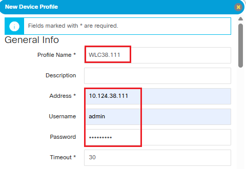 Input the Profile Name, WLC IP Address, Username and Password