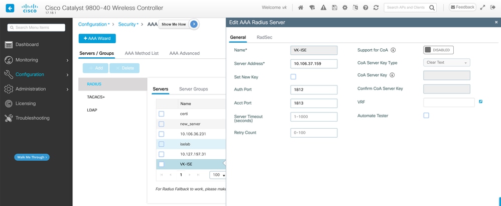 Edit AAA Server on WLC