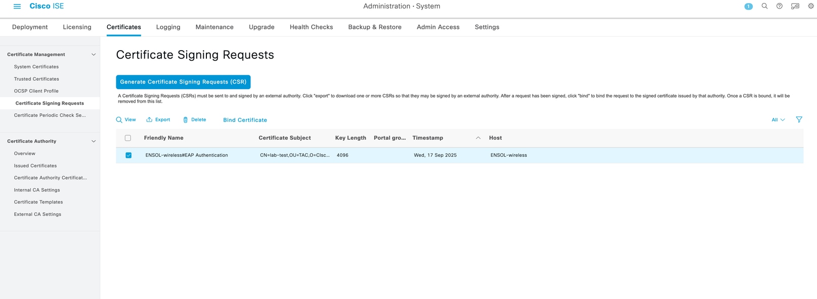 CSR result page on ISE