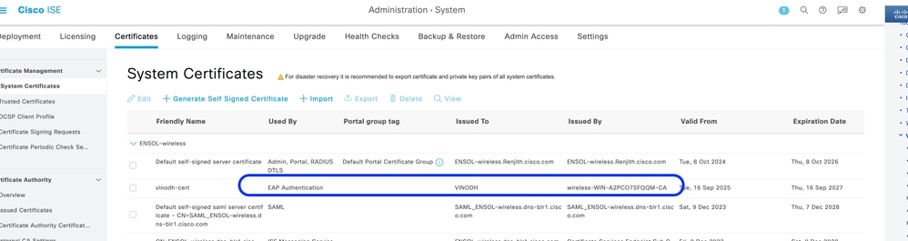 System certificate list on ISE