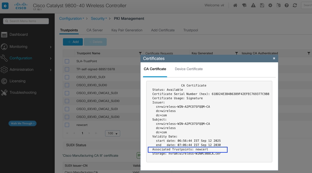 Associated trustpoint displayed