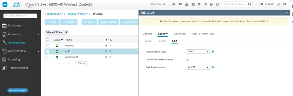Define the authentication list in the WLAN