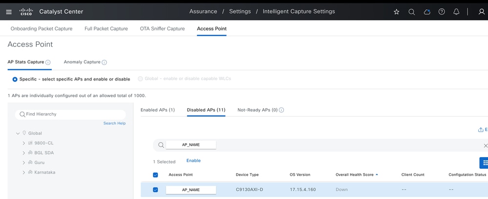 Enable AP Stats Intelligent Captures on Specific AP