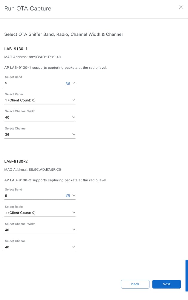 Select Radio, Channel-Width, Channel to Sniff the Traffic
