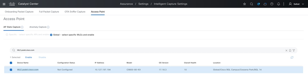 Enable Anomaly Capture Globally for Specific WLC