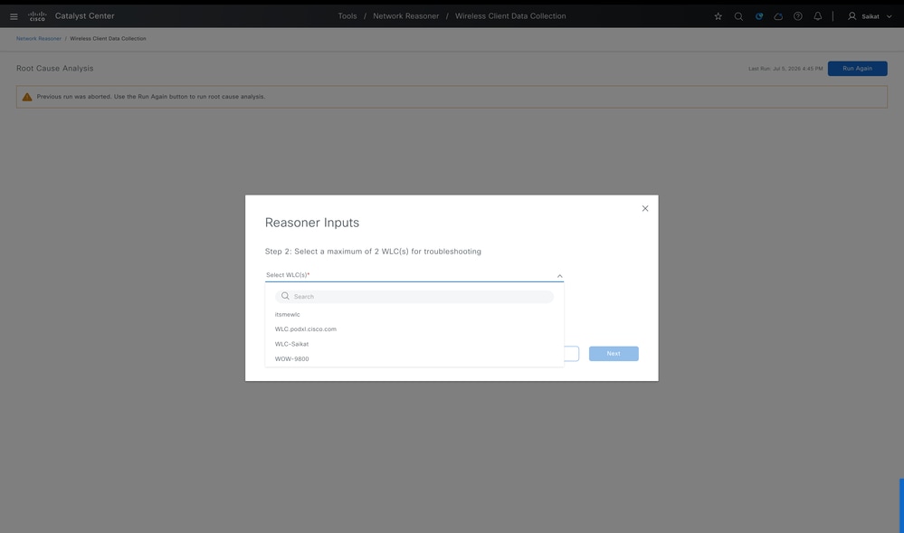 Select WLC to Troubleshoot Wireless Client MAC