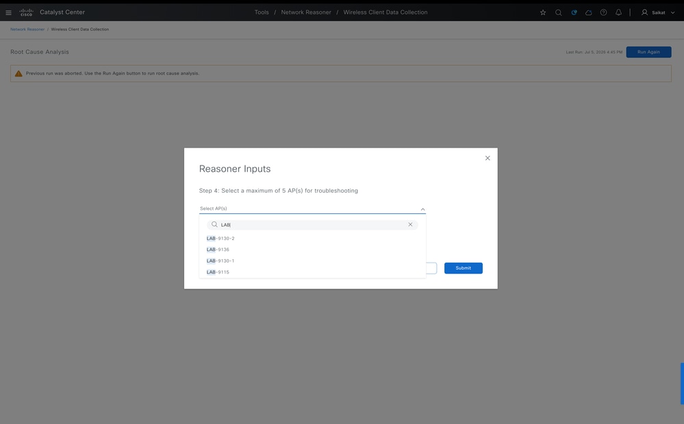 Select APs (Max 4) to Troubleshoot Wireless Client