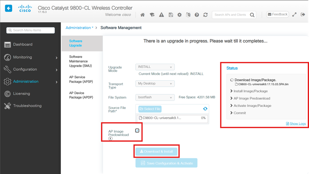 Predownload WLC Upgrade Install Image