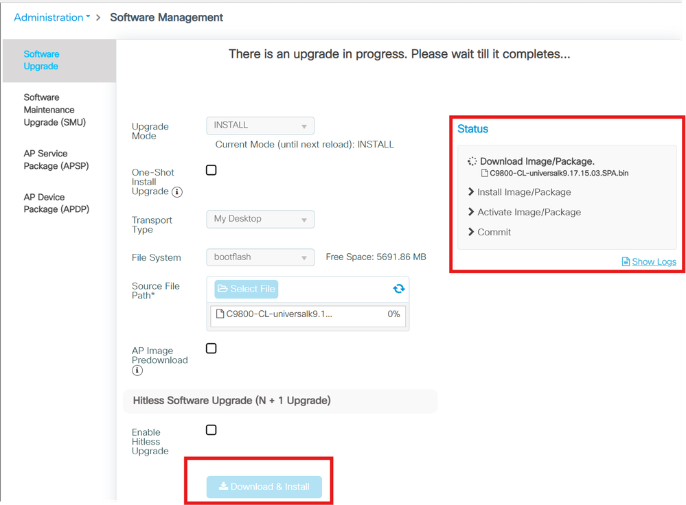 Standard WLC Upgrade Install Image