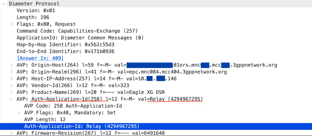 Figure 4: CER Message with Wrong Value in Auth-Application-Id as Relay