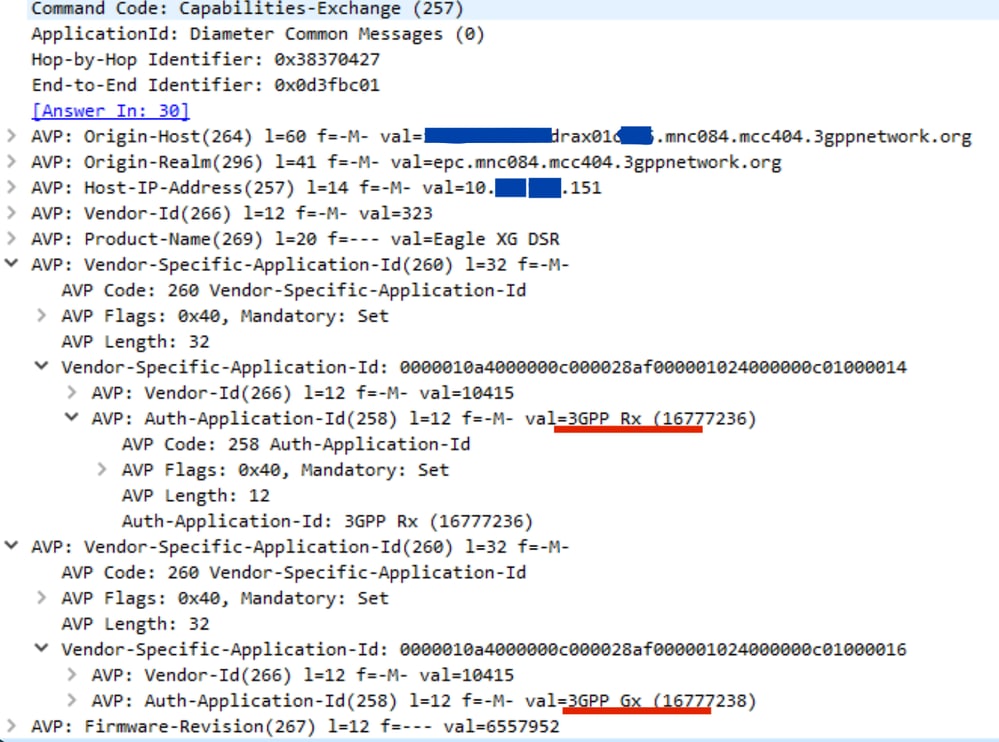 Figure 5:&nbsp;CER Message with Correct Values in Auth-Application-Id: Gx and Rx