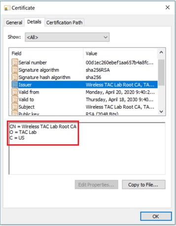 Root CA Certificate Details Tab