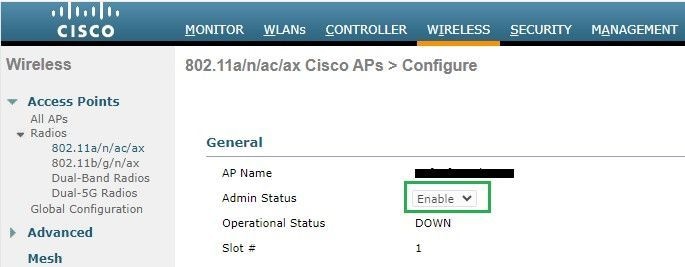 Admin Status of the Access Point on Radio 802.11 a