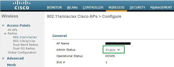 Admin status of the Access point on Radio 802.11a