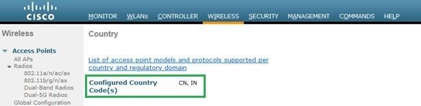 List of country codes enabled on the controller