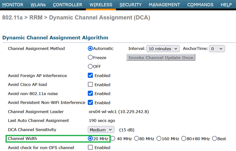 Default channel width set to 20 Mhz