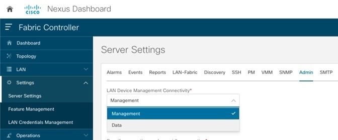 Graphical user interface, text, applicationDescription automatically generated,Figure 2: Change the NDFC Global Server Settings from Management to Data.