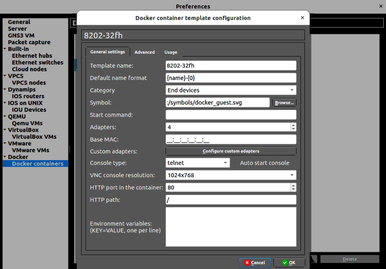 GNS3 Create Docker Template