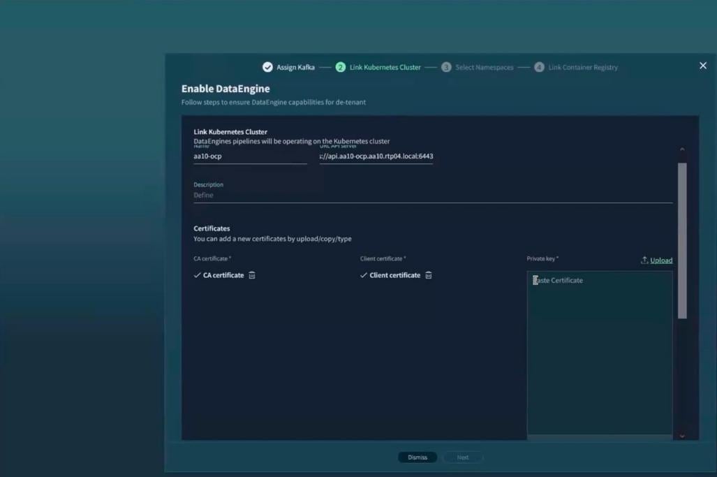 Figure 3-15. OpenShift cluster and mutual-TLS association [SRC-VAST-02] -  VAST Enable DataEngine interface showing the OpenShift cluster name, API endpoint, and certificate inputs.