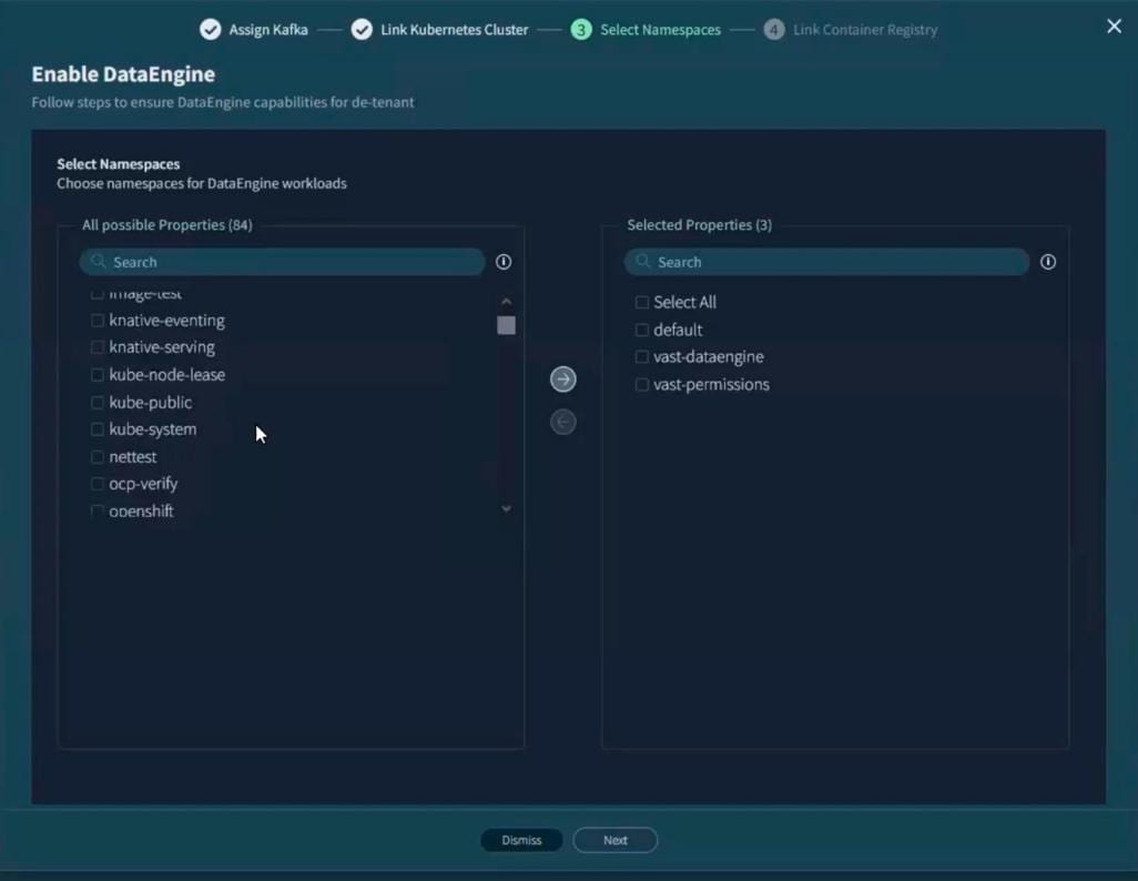Figure 3-16. DataEngine namespace selector before adding vast-insight-engine [SRC-VAST-02] -  VAST Enable DataEngine namespace selector before the dedicated InsightEngine namespace is added; the existing selections remain in place.