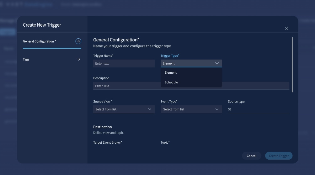 Figure 3-18. DataEngine trigger configuration pattern [SRC-VAST-03] -  VAST DataEngine Create New Trigger interface showing event routing to a function or service.