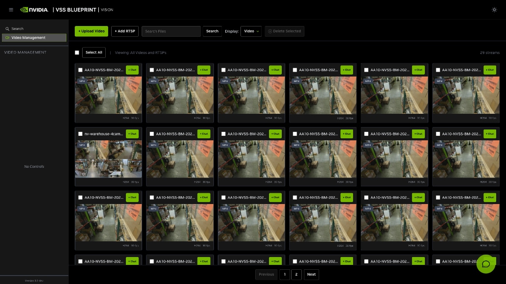 Figure 4-4. NVIDIA VSS Video Management with registered MP4 streams - NVIDIA VSS 3.2.1 Video Management page showing 29 registered MP4 streams, video thumbnails, chat controls, and the unvalidated Add RTSP control.