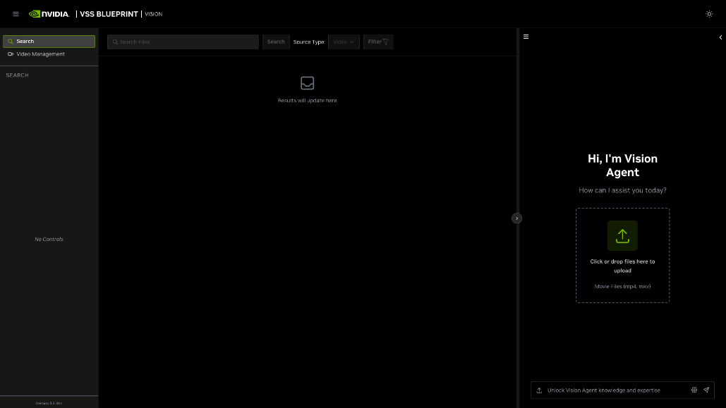 Figure 4-5. NVIDIA VSS Vision Agent panel - NVIDIA VSS Search page with the Vision Agent side panel open and ready for an uploaded video or grounded search question.
