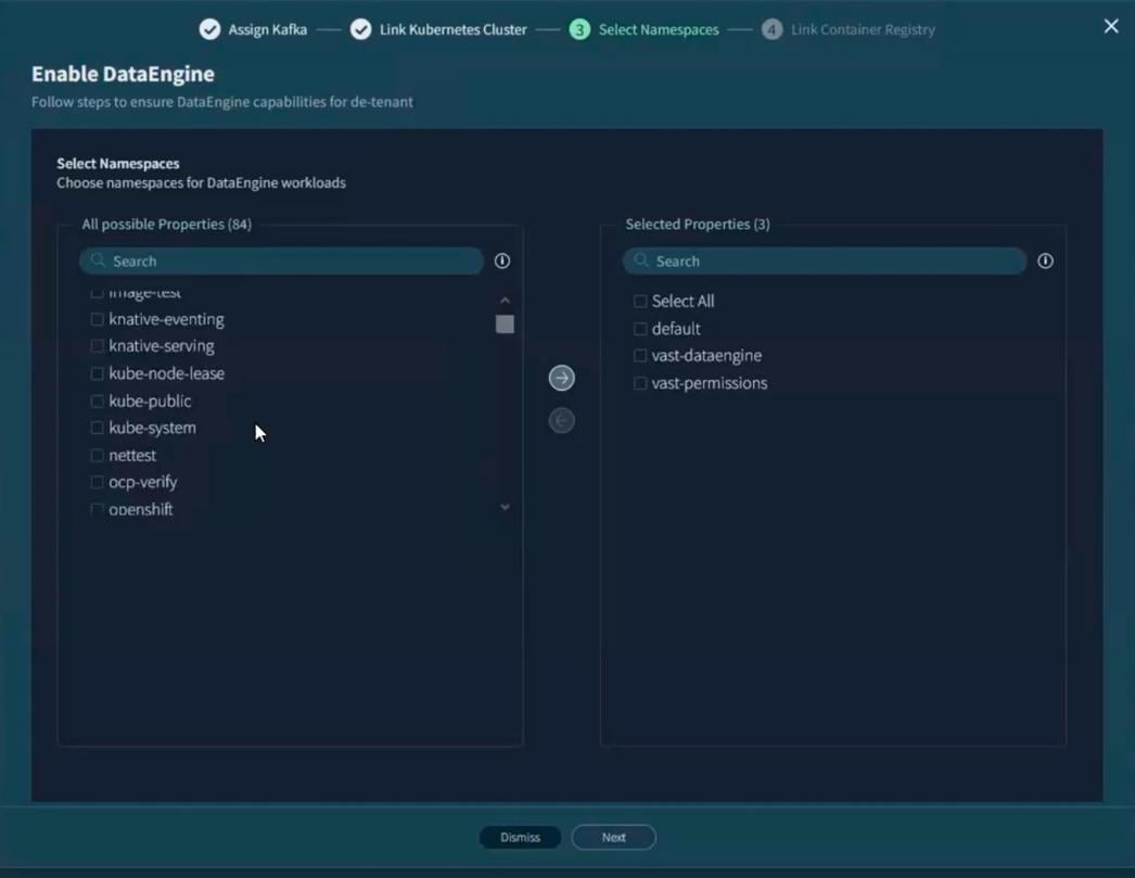 Figure 3-11C. DataEngine namespace selection [SRC-VAST-02] -  VAST DataEngine stage 3 showing the OpenShift namespaces approved for DataEngine execution.