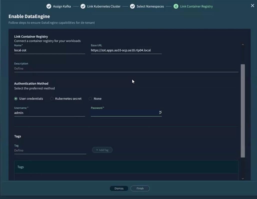 Figure 3-11D. DataEngine container-registry association [SRC-VAST-02] -  VAST DataEngine stage 4 showing the local-zot name, HTTPS URL, authentication method, username, and password field with only the password value redacted.