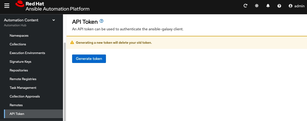 Screenshot of the Ansible Automation Hub API token generation view.