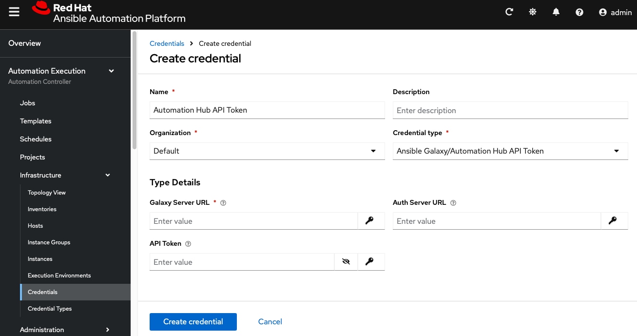 Screenshot of the Ansible Automation Platform create credential view.
